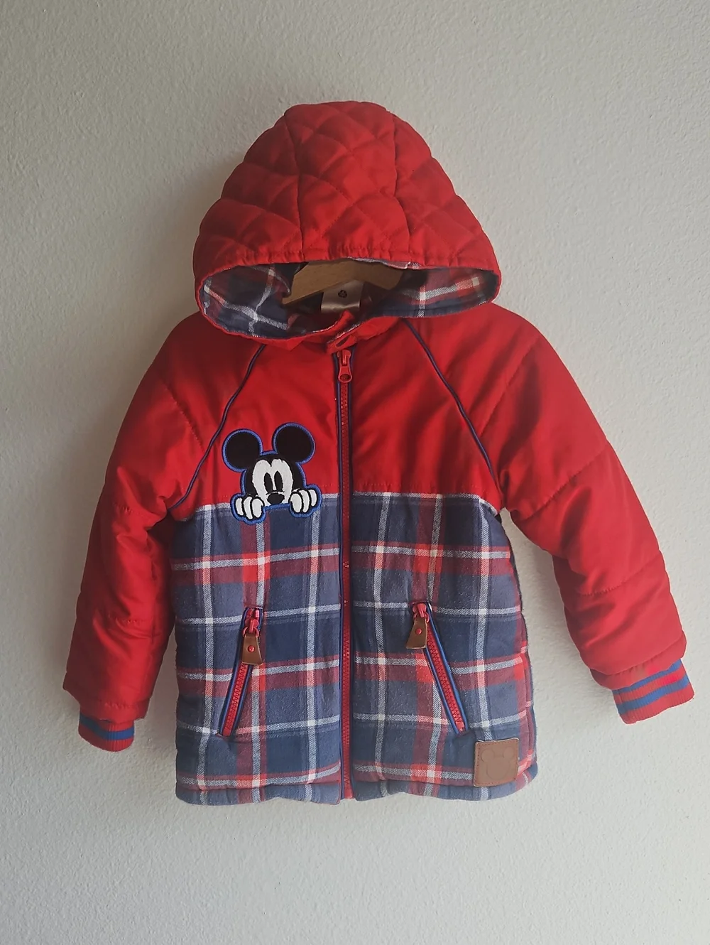 Disney Red Mickey Mouse Quilted Hooded Jacket Red Blue Plaid Toddler Size 3